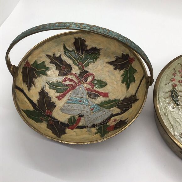 Brass Painted Basket and Lidded Box with Holiday Design - Picture 5 of 8